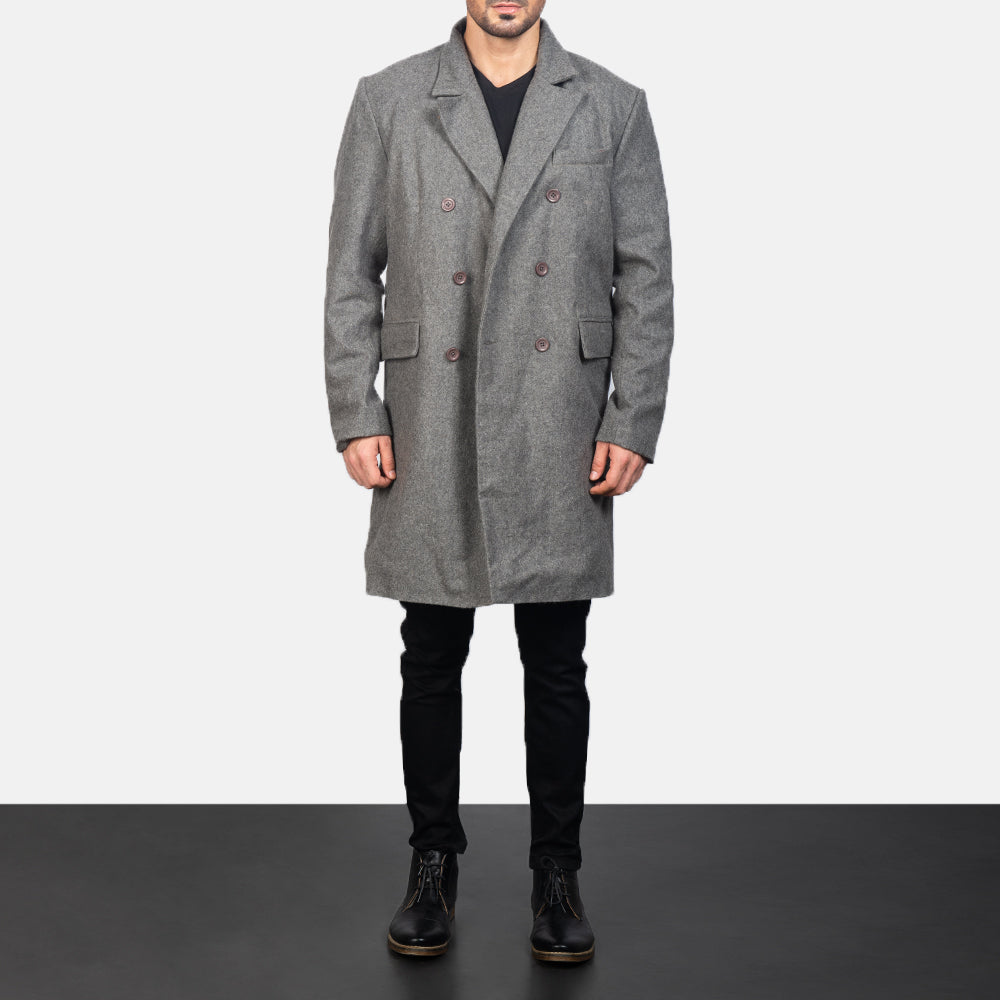 Men's Claud Grey Wool Double Breasted Coat in Grey Synthetic Wool - Vorderansicht &amp; maßgeschneiderte Silhouette | Online Kaufen