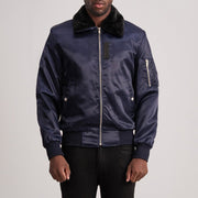 Clyde B-15 Blau Leder-Bomberjacke für Herren in Blue Satin - Vorderansicht &amp; maßgeschneiderte Silhouette | Online Kaufen