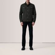 Olive Waxed Cotton Canvas Leather Jacket - Rückansicht mit passgenauen Schultern &amp; sauberem Saum