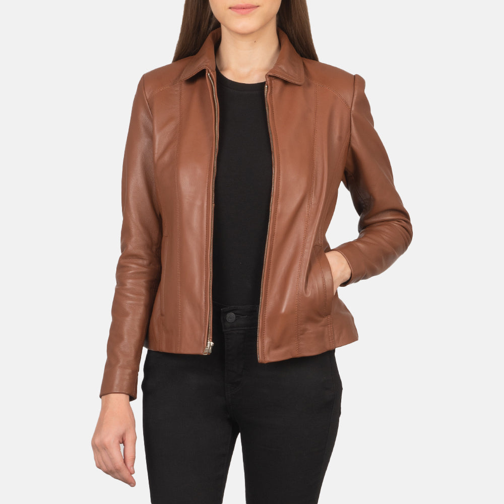 Women Colette Braun Lederjacke für Damen in Brown Sheepskin Leather - Vorderansicht &amp; maßgeschneiderte Silhouette | Online Kaufen