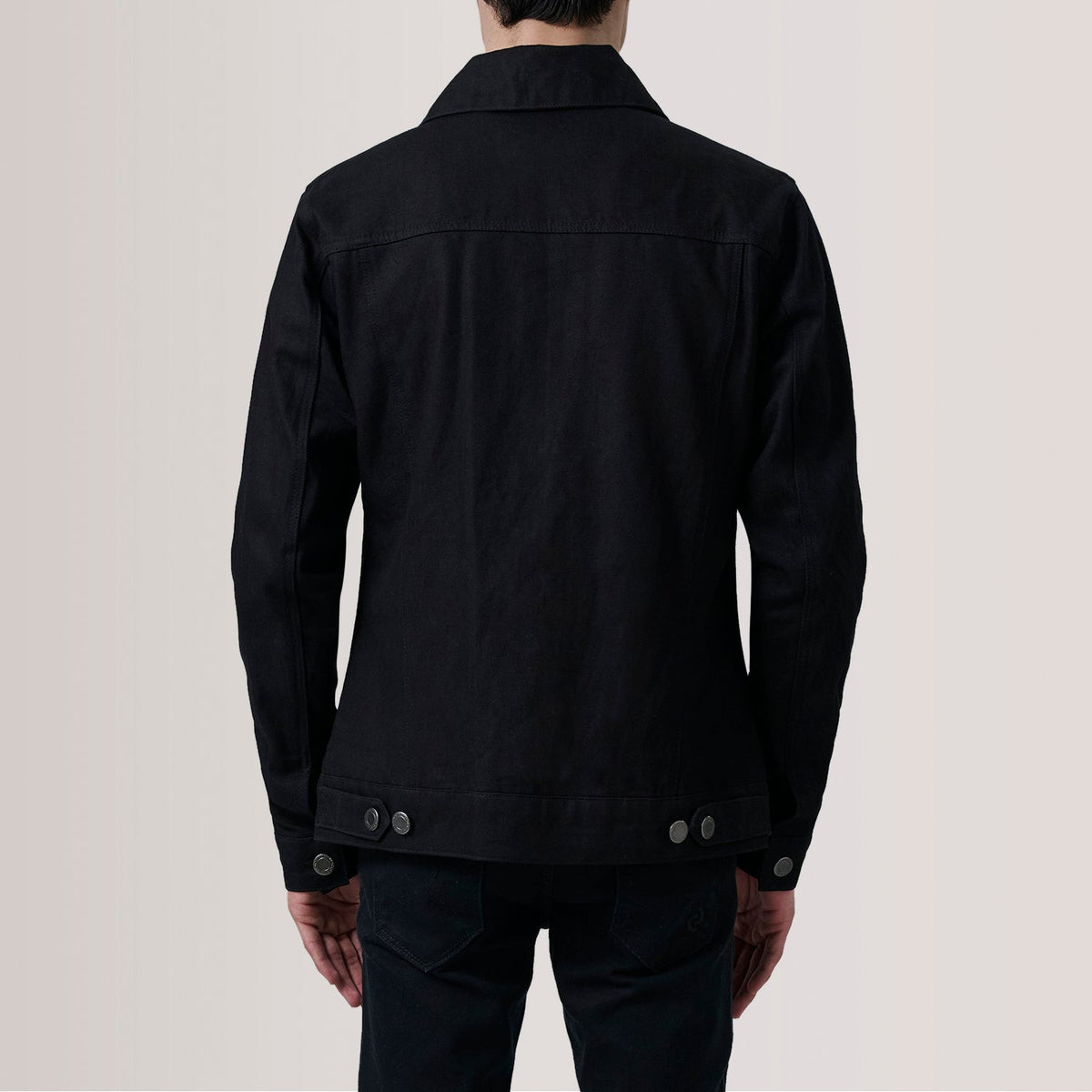 Detailansicht of Classic Collar &amp; Heavy-Duty Zipper Hardware on Conard Schwarz Denim Trucker Lederjacke für Herren For Men