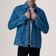 Conard Blau Denim Trucker Lederjacke für Herren For Men in Blue Full-Grain Leather - Vorderansicht &amp; maßgeschneiderte Silhouette | Online Kaufen