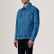 Conard Blau Denim Trucker Lederjacke für Herren For Men - Seitenansicht mit ergonomischem Ärmelschnitt