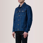 
Conard Dark Blau Denim Trucker Lederjacke für Herren For Men - Seitenansicht mit ergonomischem Ärmelschnitt & sportlicher Passform
