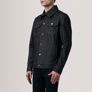 
Conard Faded Schwarz Denim Trucker Lederjacke für Herren For Men - Seitenansicht mit ergonomischem Ärmelschnitt & sportlicher Passform