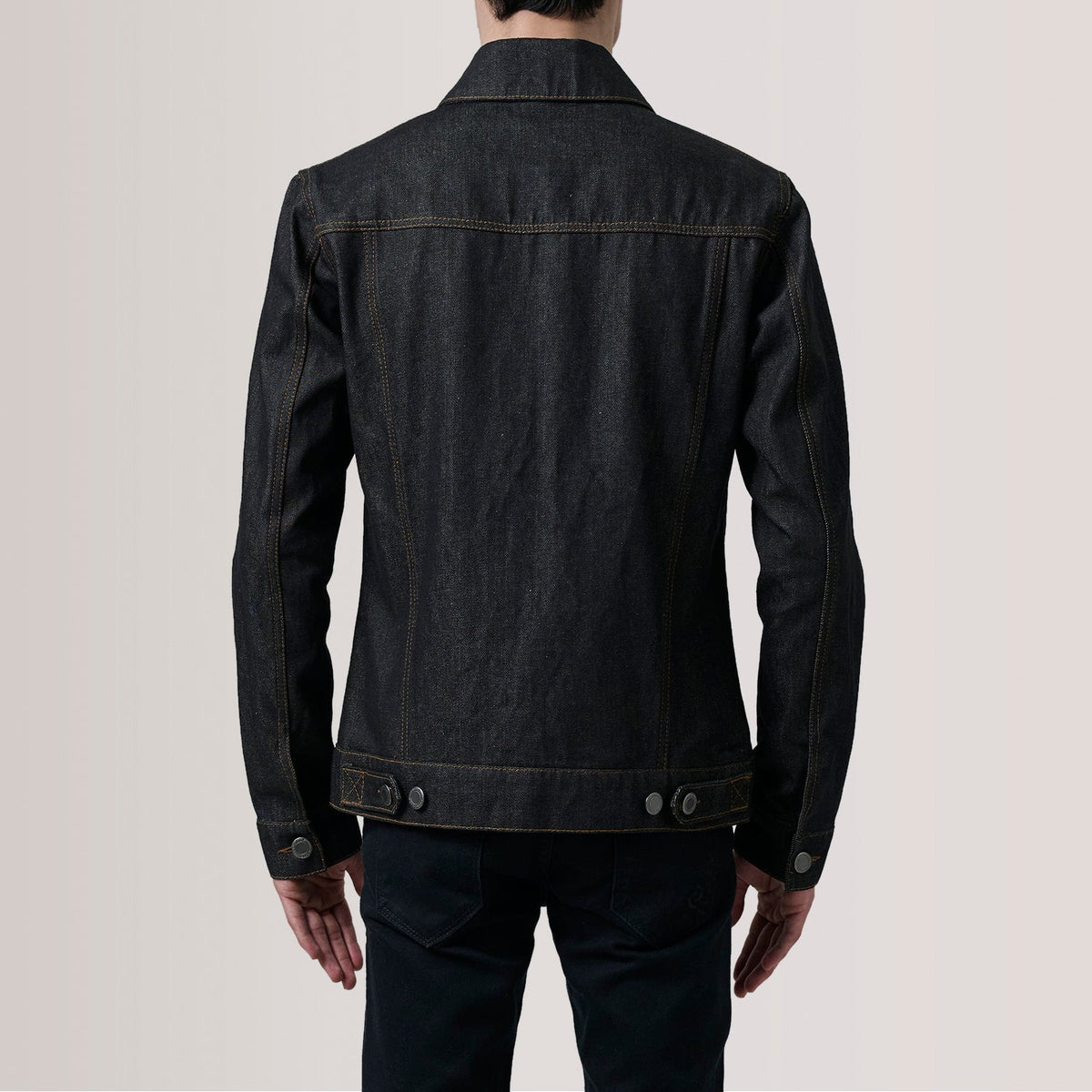 
Detailansicht of Classic Collar & Heavy-Duty Zipper Hardware on Conard Faded Schwarz Denim Trucker Lederjacke für Herren For Men