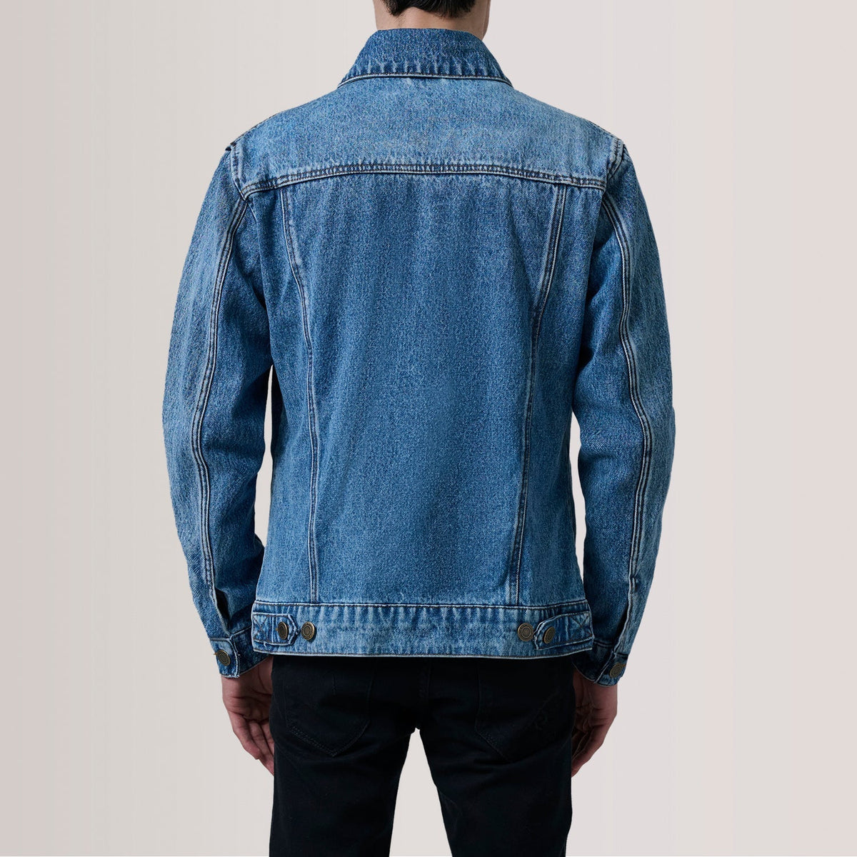 Detailansicht of Classic Collar &amp; Heavy-Duty Zipper Hardware on Conard Ice Blau Denim Trucker Lederjacke für Herren For Men