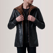 Connor Black Leather Coat For Men in Black Sheepskin Leather - Vorderansicht &amp; maßgeschneiderte Silhouette | Online Kaufen