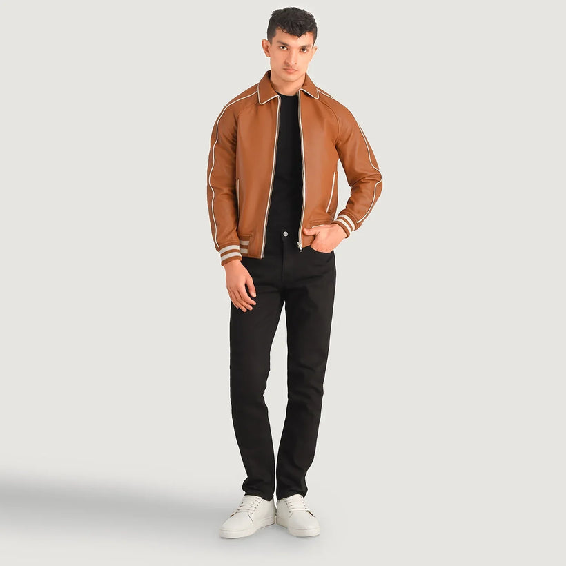 Cooper Hellbraun Braun Leather Varsity Lederjacke für Herren