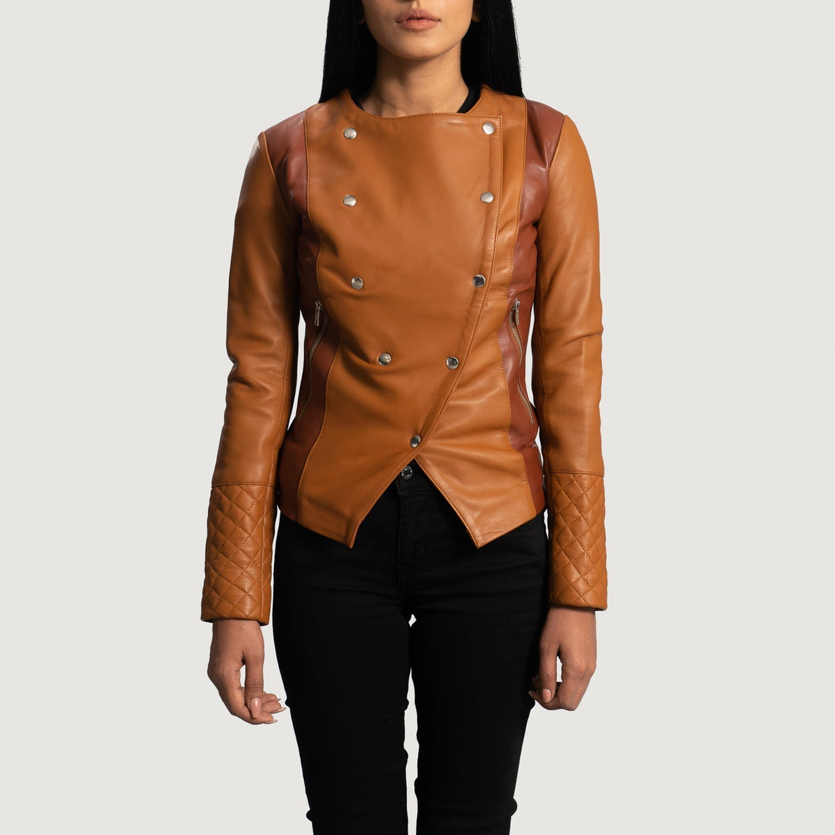 Women's County Hellbraun Overlap Lederjacke für Damen in Tan Brown Sheepskin Leather - Vorderansicht &amp; maßgeschneiderte Silhouette | Online Kaufen