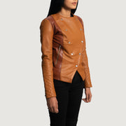 Tan Brown Sheepskin Leather Biker Jacket - Rückansicht mit passgenauen Schultern &amp; sauberem Saum