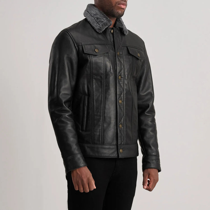 Dallis Schwarz Leather Shearling Trucker Lederjacke für Herren