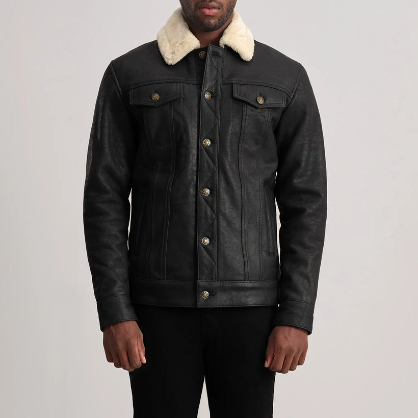 Dallis Distressed Schwarz Leather Shearling Trucker Lederjacke für Herren