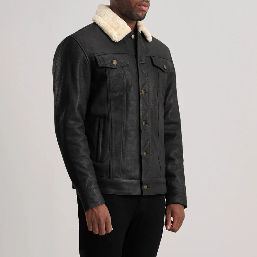 Dallis Distressed Schwarz Leather Shearling Trucker Lederjacke für Herren