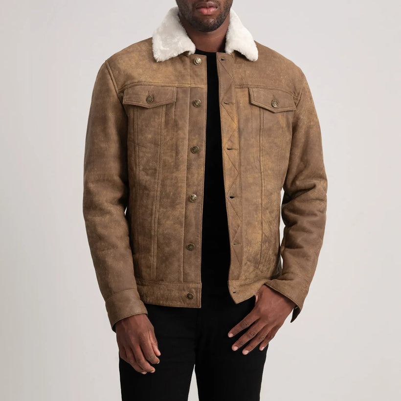 Dallis Distressed Braun Leather Shearling Trucker Lederjacke für Herren