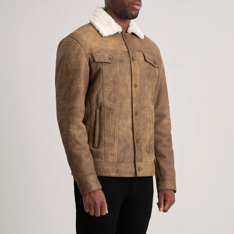 Dallis Distressed Braun Leather Shearling Trucker Lederjacke für Herren