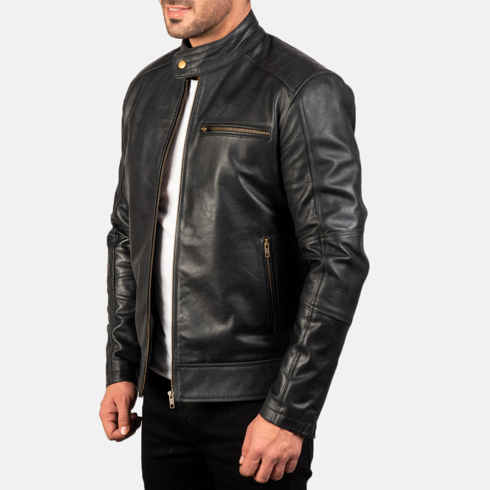 Dean Schwarz Leder-Bikerjacke für Herren - Rückansicht mit passgenauen Schultern &amp; sauberem Saum