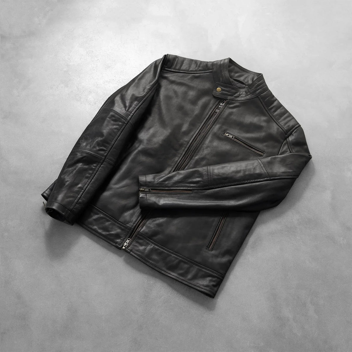 Zipper &amp; Hem Craftsmanship Construction Detail on Dean Schwarz Leder-Bikerjacke für Herren