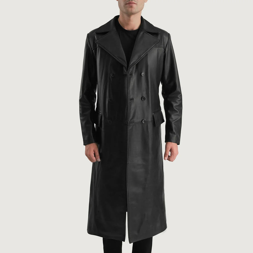 Delmar Schwarz Leather Double-Breasted Ledermantel für Herren