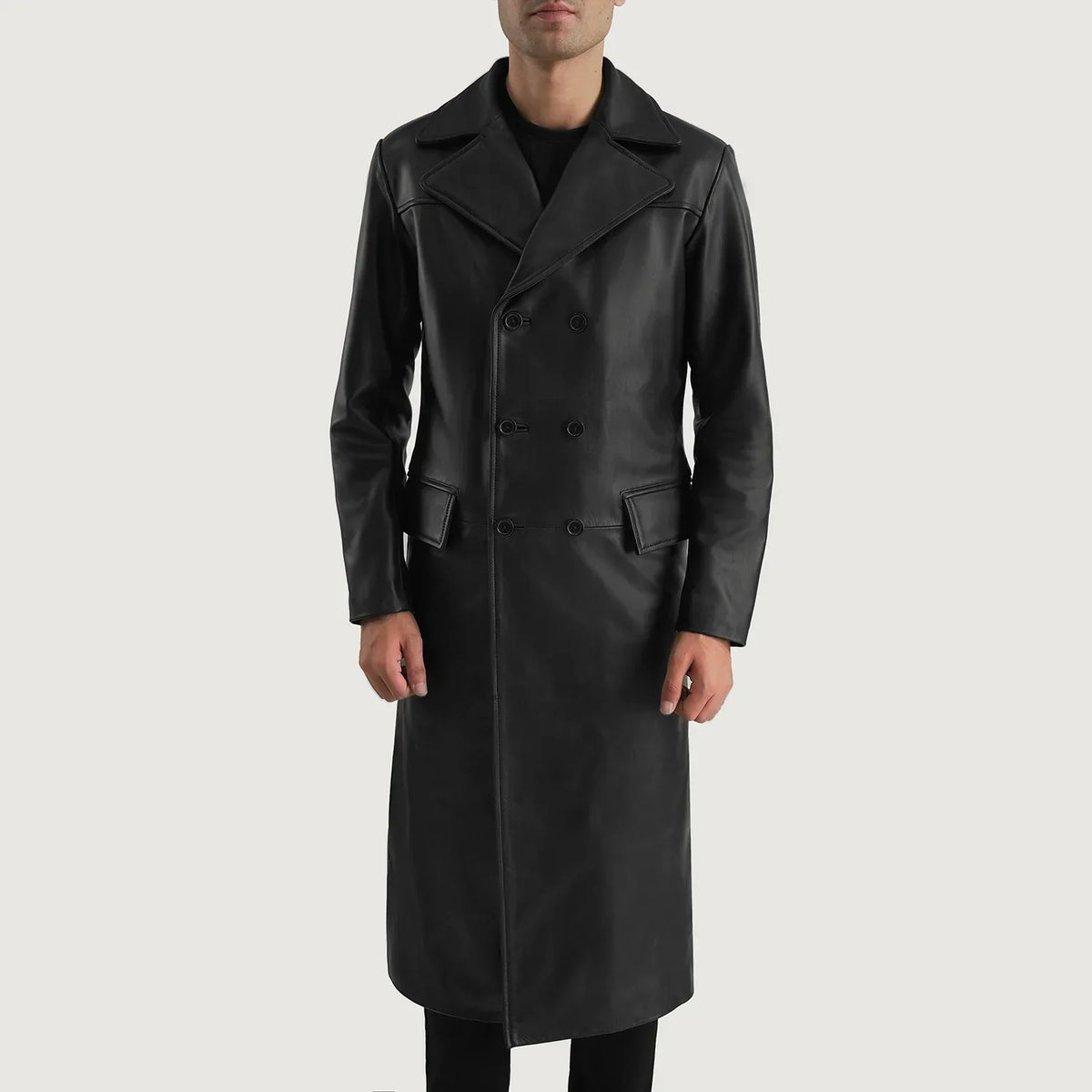 
Detailansicht of Notch & Button Hardware on Delmar Black Leather Double Breasted Coat