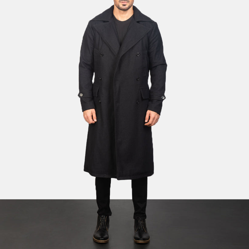 Detective Schwarz Wool Ledermantel für Herren