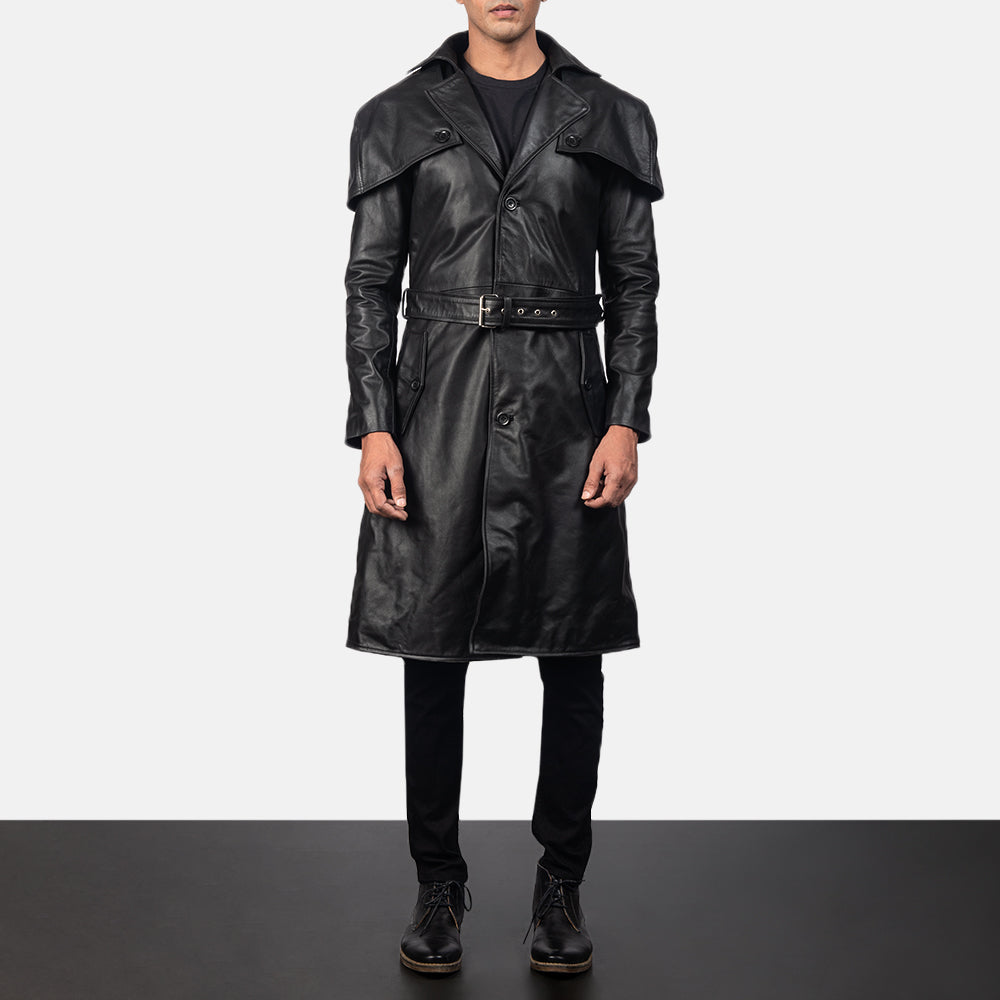 Black Cowhide Leather Trench Coat - Rückansicht mit passgenauen Schultern &amp; sauberem Saum