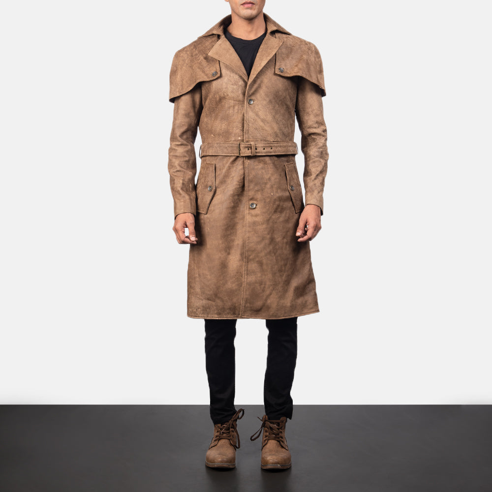 Detailansicht of Classic Collar &amp; Buttons + Belt Hardware on Men's Deux Braun Leather Duster für Herren