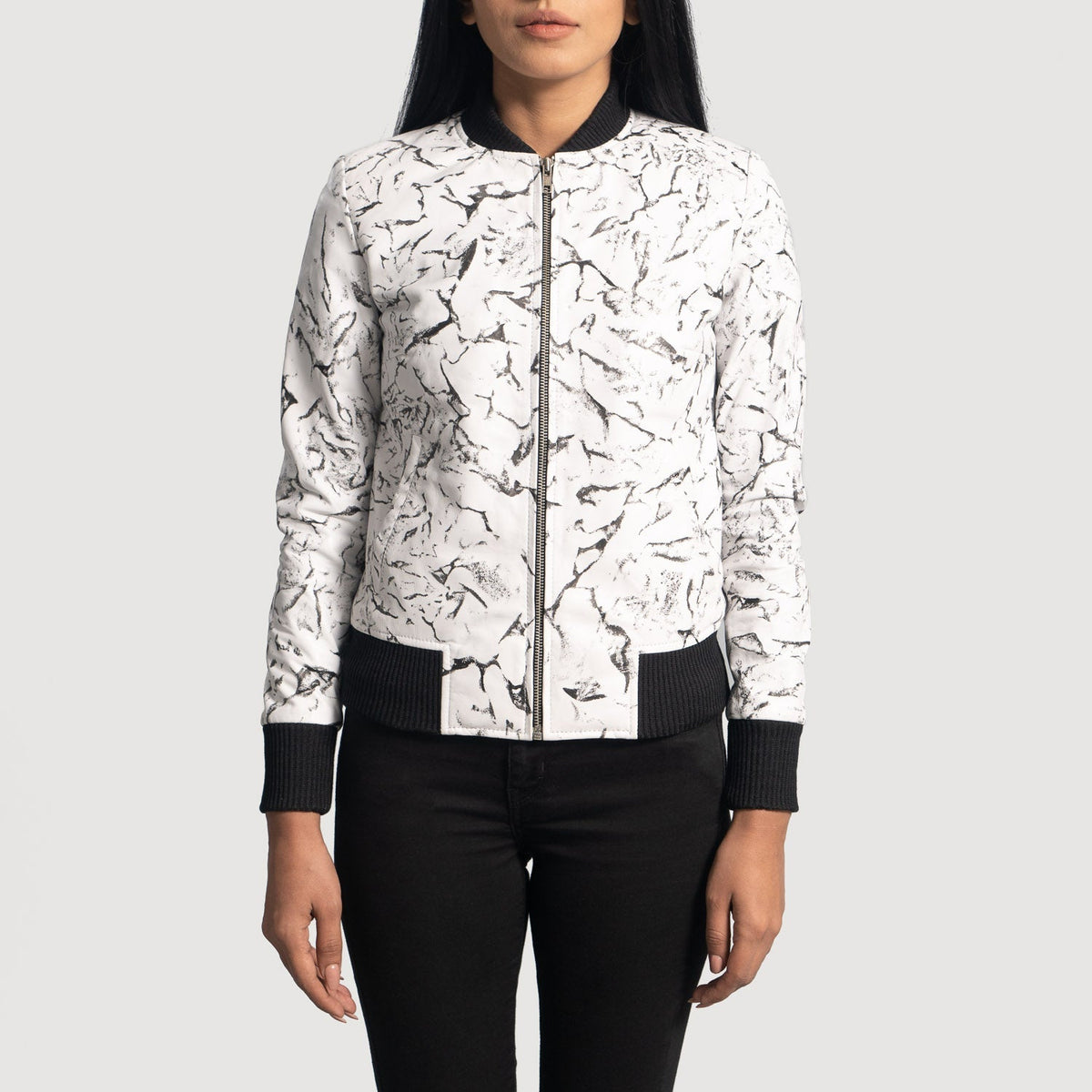 Women's Donna Blake Weiß Leder-Bomberjacke für Damen in White Sheepskin Dip &amp;Amp; Dye - Vorderansicht &amp; maßgeschneiderte Silhouette | Online Kaufen