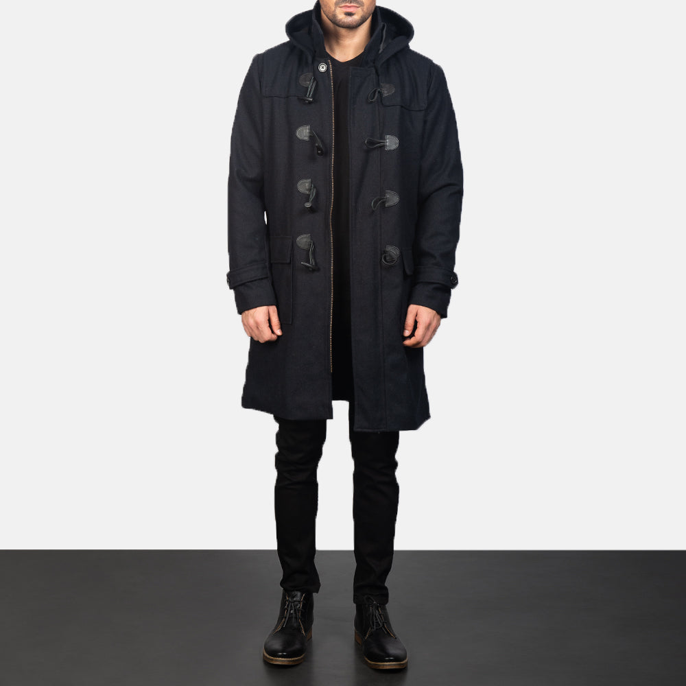 Men's Drake Black Wool Duffle Coat - Seitenansicht mit ergonomischem Ärmelschnitt