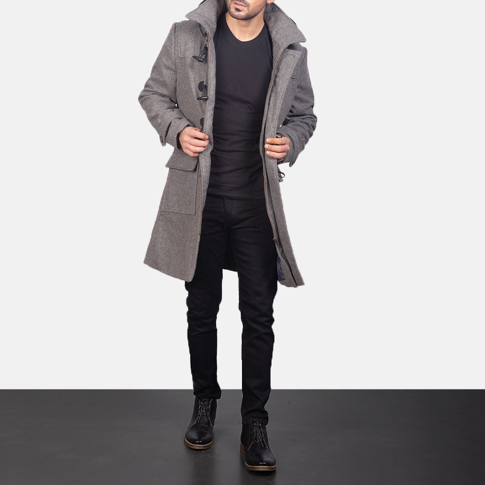 Men's Grey Wool Duffle Coat in Grey Synthetic Wool - Vorderansicht &amp; maßgeschneiderte Silhouette | Online Kaufen