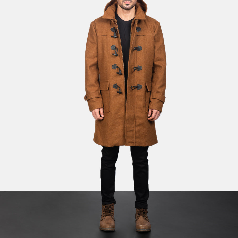 Men's Drake Khaki Wool Duffle Coat in Khaki Synthetic Wool - Vorderansicht &amp; maßgeschneiderte Silhouette | Online Kaufen
