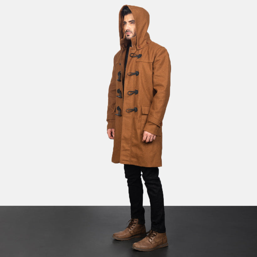 Drake Khaki Wool Hooded Duffle Ledermantel für Herren