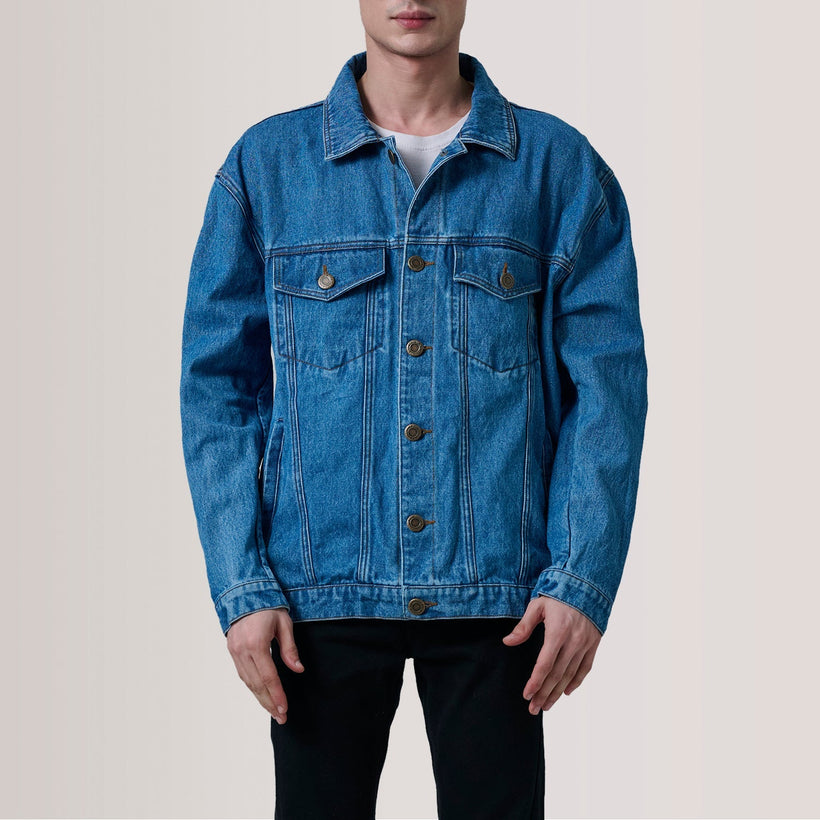 Eddie Dark Blau Oversized Denim Trucker Lederjacke für Herren