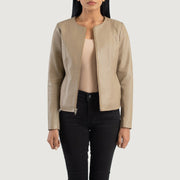 Elixir Beige Collarless Leather Jacket in Beige Sheepskin Leather - Vorderansicht &amp; maßgeschneiderte Silhouette | Online Kaufen