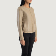 Beige Sheepskin Leather Biker Jacket - Rückansicht mit passgenauen Schultern &amp; sauberem Saum