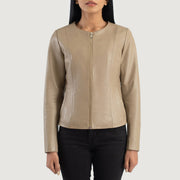 Detailansicht of Collarless &amp; Zipper Hardware on Elixir Beige Collarless Leather Jacket