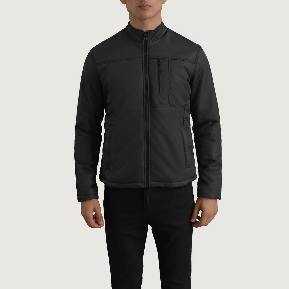 Detailansicht of Classic Collar &amp; Zipper Hardware on Elliot Schwarz Lightweight Lederjacke für Herren