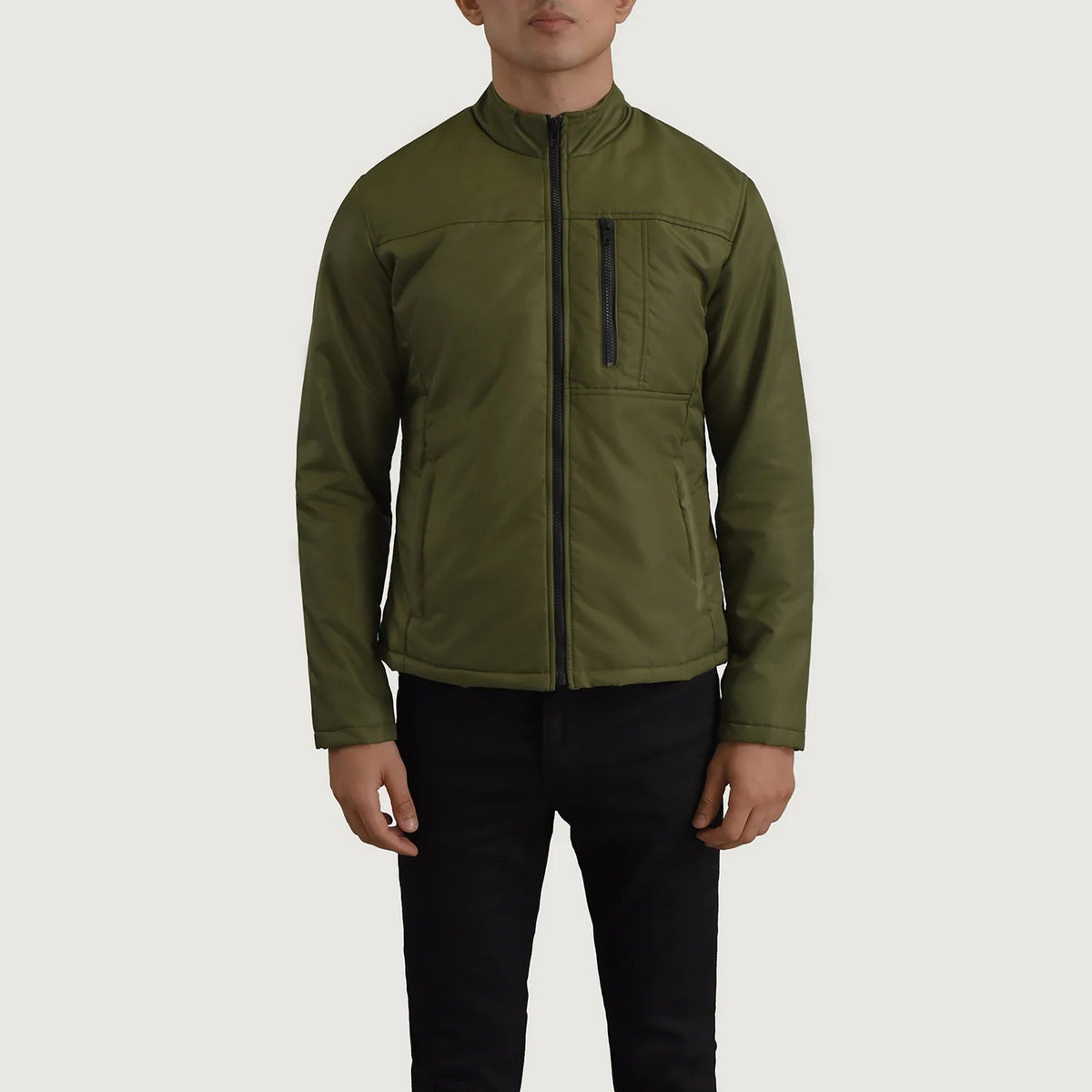 
Detailansicht of Classic Collar & Zipper Hardware on Elliot Grün Lightweight Lederjacke für Herren