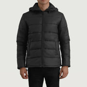 
Erico Schwarz Hooded Puffer Lederjacke für Herren in schwarzem Rindleder - Vorderansicht & maßgeschneiderte Silhouette | Online Kaufen