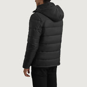 
Detailansicht of Classic Collar & Zipper With Wind Flap Hardware on Erico Schwarz Hooded Puffer Lederjacke für Herren