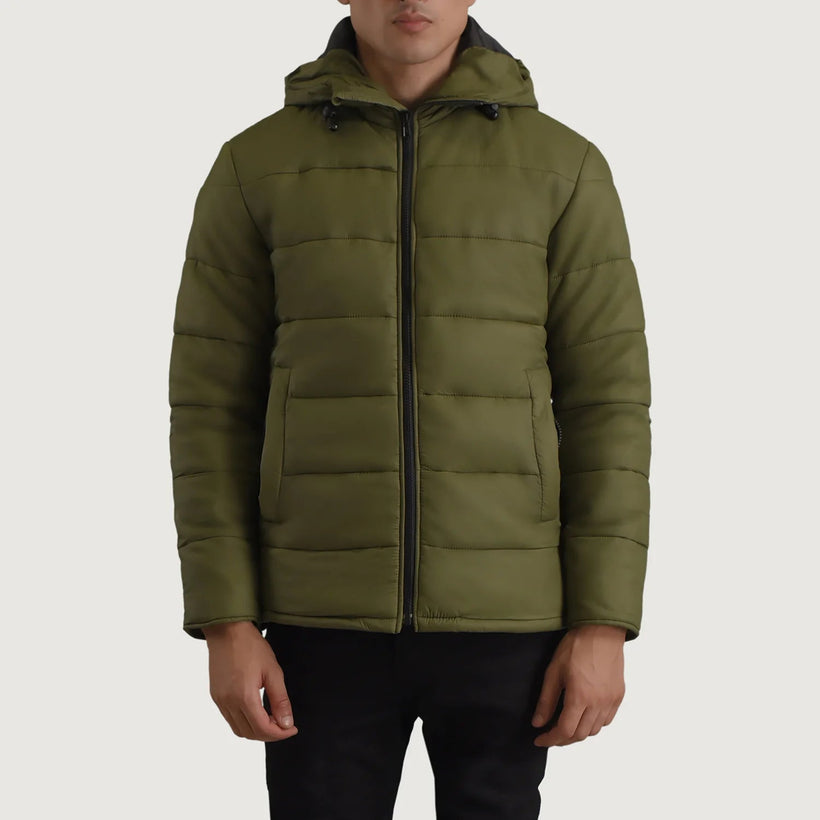 Erico Grün Hooded Puffer Lederjacke für Herren