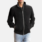 Men's Ethan Hybrid Suede Leder-Bomberjacke für Herren in Black Goatskin Suede - Vorderansicht &amp; maßgeschneiderte Silhouette | Online Kaufen