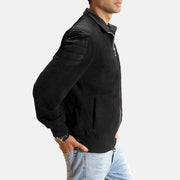 Black Goatskin Suede Bomber Jacket - Rückansicht mit passgenauen Schultern &amp; sauberem Saum
