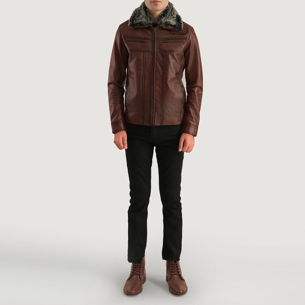 Detailansicht of Shirt &amp; Zipper Hardware on Men's Evan Hart Fur Braun Lederjacke für Herren