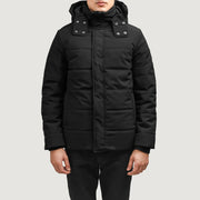 Exton Schwarz Hooded Down Puffer Lederjacke für Herren in Black Full-Grain Leather - Vorderansicht &amp; maßgeschneiderte Silhouette | Online Kaufen