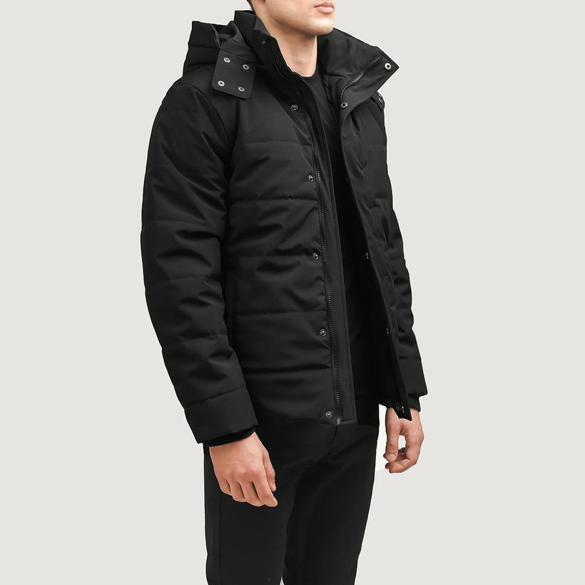 Exton Schwarz Hooded Down Puffer Lederjacke für Herren