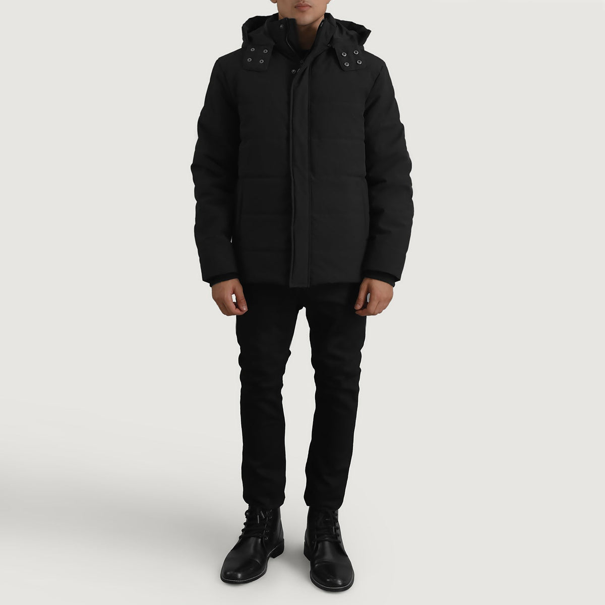 Detailansicht of Classic Collar &amp; Zipper With Placket. Hardware on Exton Schwarz Hooded Down Puffer Lederjacke für Herren