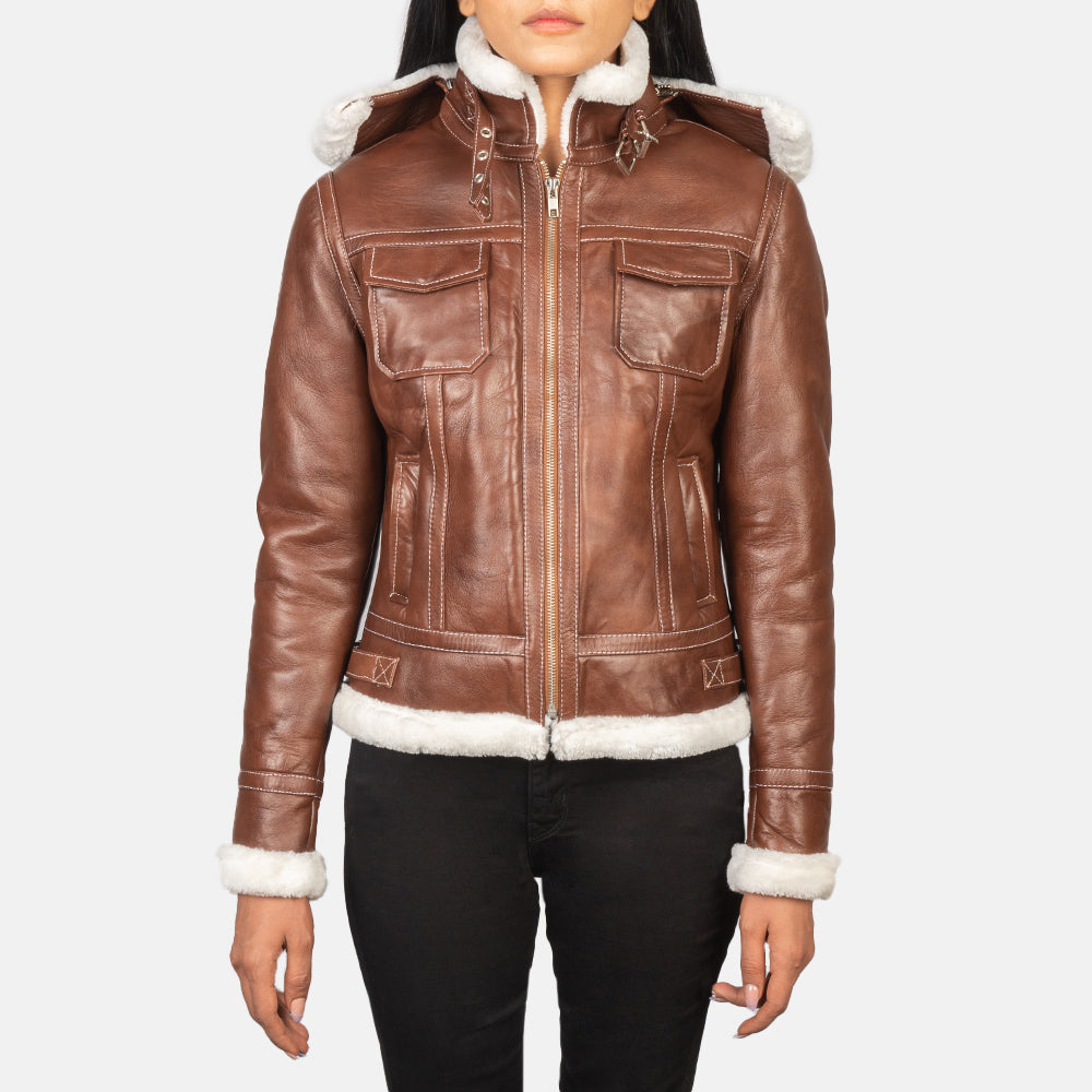 Women's Fiona Brown Hooded Shearling Leather Jacket in Brown Sheepskin Snuffed - Vorderansicht &amp; maßgeschneiderte Silhouette | Online Kaufen