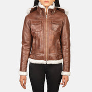 Women's Fiona Brown Hooded Shearling Leather Jacket in Brown Sheepskin Snuffed - Vorderansicht &amp; maßgeschneiderte Silhouette | Online Kaufen