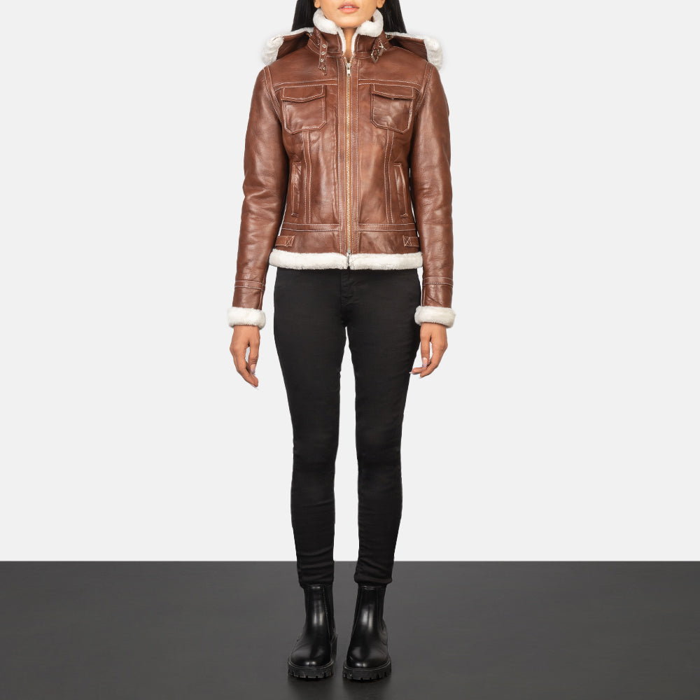 Women's Fiona Brown Hooded Shearling Leather Jacket - Seitenansicht mit ergonomischem Ärmelschnitt